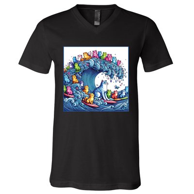 Blue Cats Wave For Kamala Funny V-Neck T-Shirt