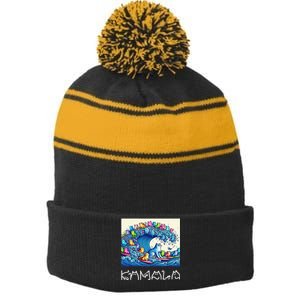 Blue Cats Wave For Kamala Harris Funny Stripe Pom Pom Beanie