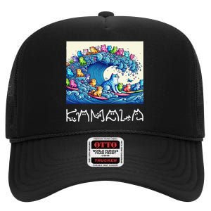 Blue Cats Wave For Kamala Harris Funny High Crown Mesh Back Trucker Hat