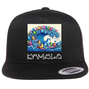 Blue Cats Wave For Kamala Harris Funny Flat Bill Trucker Hat