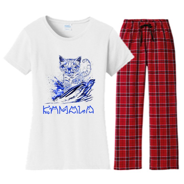 Blue Cats Wave For Kamala Funny Kamala Harris Cat Ladies Women's Flannel Pajama Set