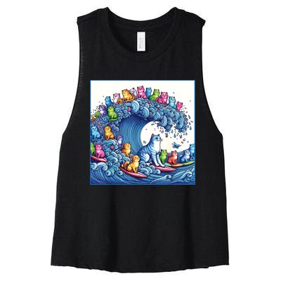 Blue Cats Wave For Kamala Funny Cat Lady Women's Racerback Cropped Tank