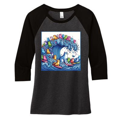 Blue Cats Wave For Kamala Funny Cat Lady Women's Tri-Blend 3/4-Sleeve Raglan Shirt