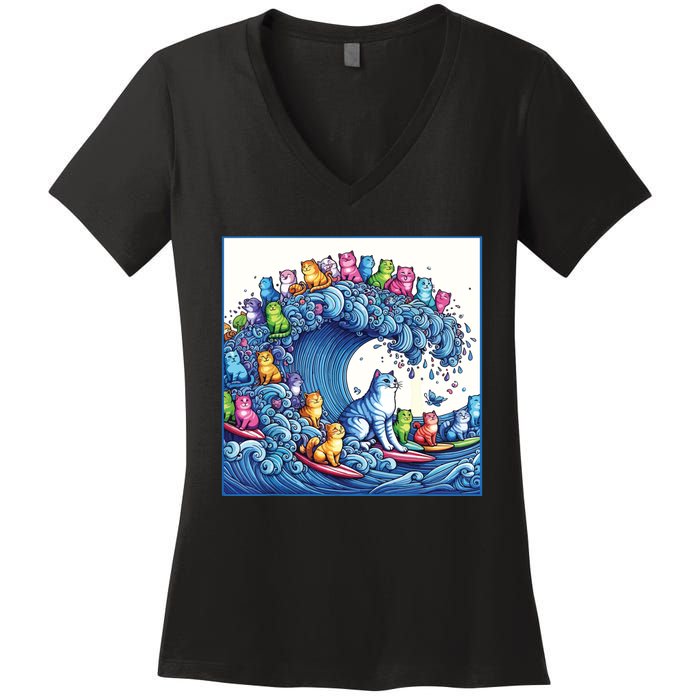 Blue Cats Wave For Kamala Funny Cat Lady Women's V-Neck T-Shirt