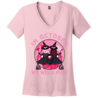 Breast Cancer Warrior Shirts Witches In October We Wear Pink Women's V-Neck T-Shirt