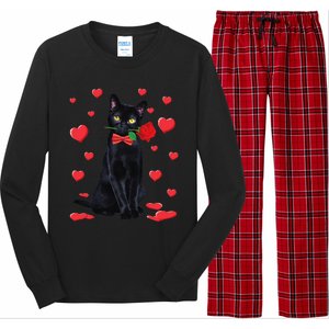 Black Cat With Rose Valentines Valentine Cat Lover Long Sleeve Pajama Set