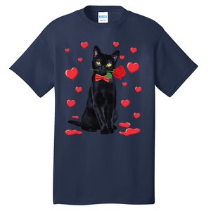 Black Cat With Rose Valentines Valentine Cat Lover Tall T-Shirt