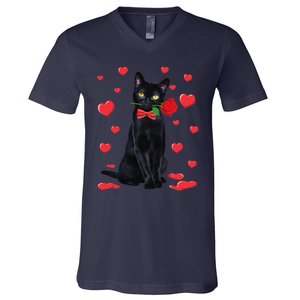 Black Cat With Rose Valentines Valentine Cat Lover V-Neck T-Shirt