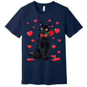 Black Cat With Rose Valentines Valentine Cat Lover Premium T-Shirt