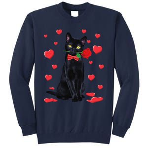 Black Cat With Rose Valentines Valentine Cat Lover Tall Sweatshirt