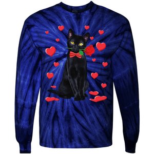 Black Cat With Rose Valentines Valentine Cat Lover Tie-Dye Long Sleeve Shirt