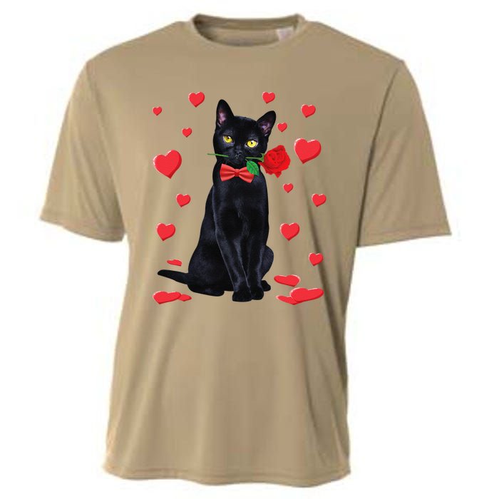 Black Cat With Rose Valentines Valentine Cat Lover Cooling Performance Crew T-Shirt