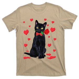 Black Cat With Rose Valentines Valentine Cat Lover T-Shirt