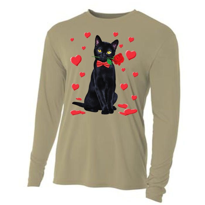 Black Cat With Rose Valentines Valentine Cat Lover Cooling Performance Long Sleeve Crew