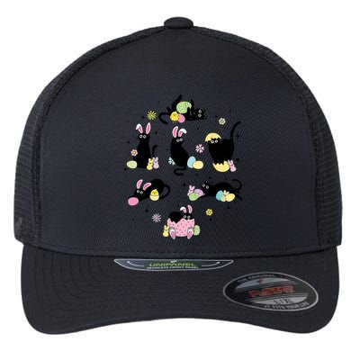 Black Cat With Bunny Eggs Happy Easter Day Matching Flexfit Unipanel Trucker Cap