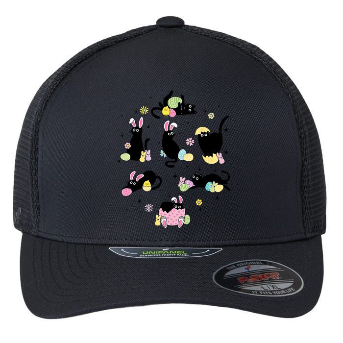 Black Cat With Bunny Eggs Happy Easter Day Matching Flexfit Unipanel Trucker Cap