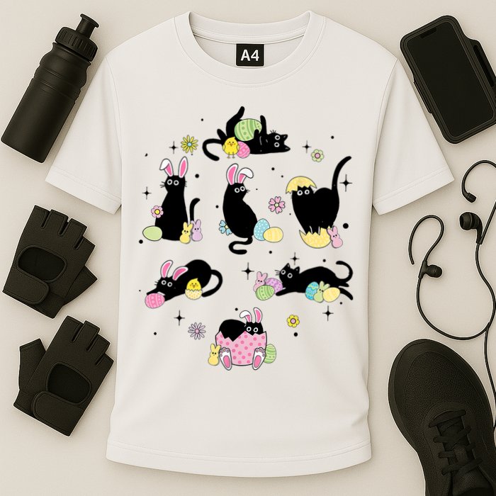 Black Cat With Bunny Eggs Happy Easter Day Matching Performance Shirt