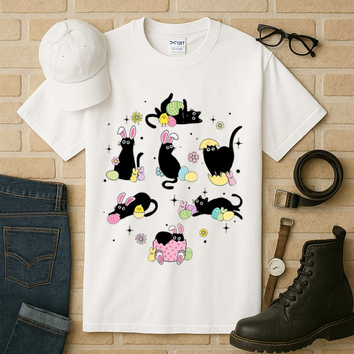 Black Cat With Bunny Eggs Happy Easter Day Matching Tall T-Shirt