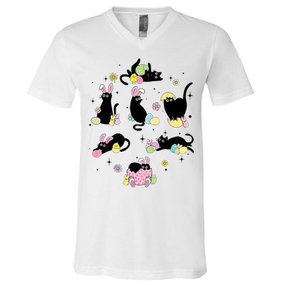 Black Cat With Bunny Eggs Happy Easter Day Matching V-Neck T-Shirt