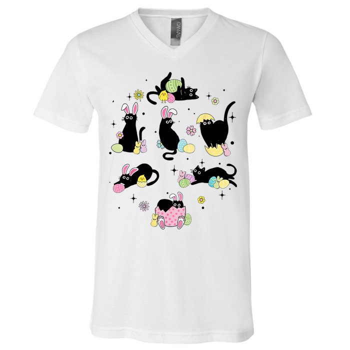 Black Cat With Bunny Eggs Happy Easter Day Matching V-Neck T-Shirt