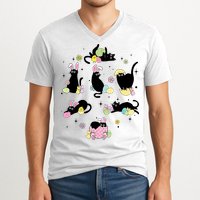 Black Cat With Bunny Eggs Happy Easter Day Matching V-Neck T-Shirt