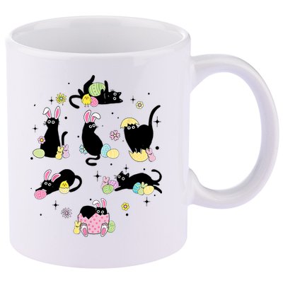 Black Cat With Bunny Eggs Happy Easter Day Matching 11oz C Handle Ceramic Mug