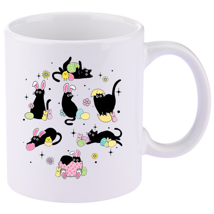 Black Cat With Bunny Eggs Happy Easter Day Matching 11oz C Handle Ceramic Mug