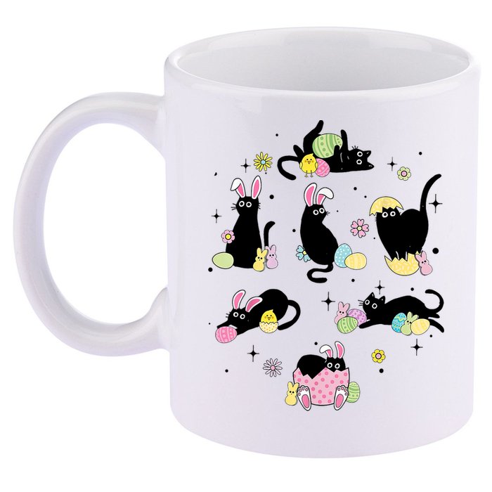 Black Cat With Bunny Eggs Happy Easter Day Matching 11oz C Handle Ceramic Mug