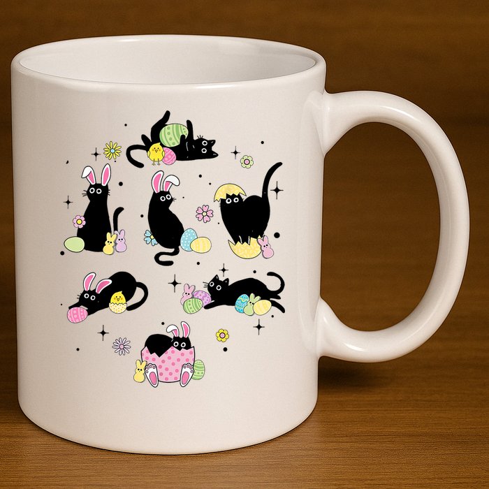 Black Cat With Bunny Eggs Happy Easter Day Matching 11oz C Handle Ceramic Mug