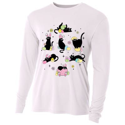 Black Cat With Bunny Eggs Happy Easter Day Matching Cooling Performance Long Sleeve Crew