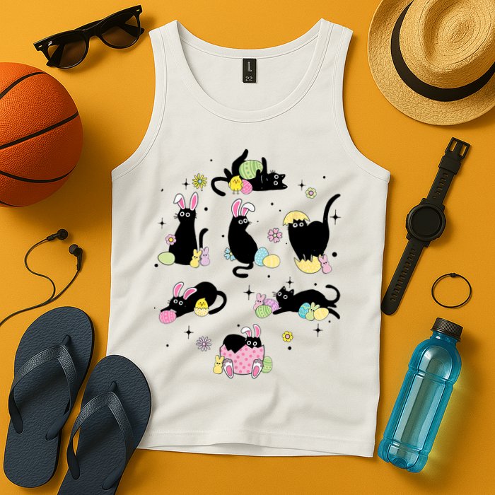 Black Cat With Bunny Eggs Happy Easter Day Matching Tank Top