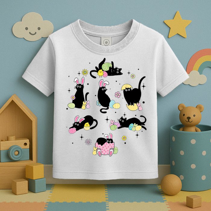 Black Cat With Bunny Eggs Happy Easter Day Matching Toddler T-Shirt