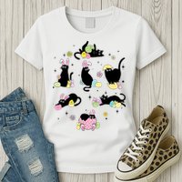 Black Cat With Bunny Eggs Happy Easter Day Matching Womens T-Shirt