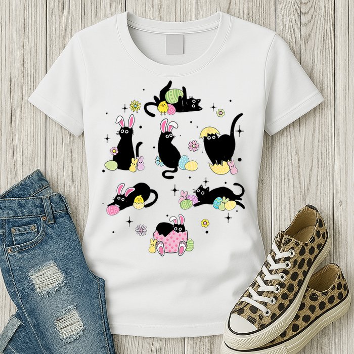 Black Cat With Bunny Eggs Happy Easter Day Matching Womens T-Shirt