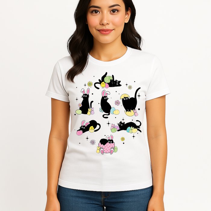 Black Cat With Bunny Eggs Happy Easter Day Matching Womens T-Shirt