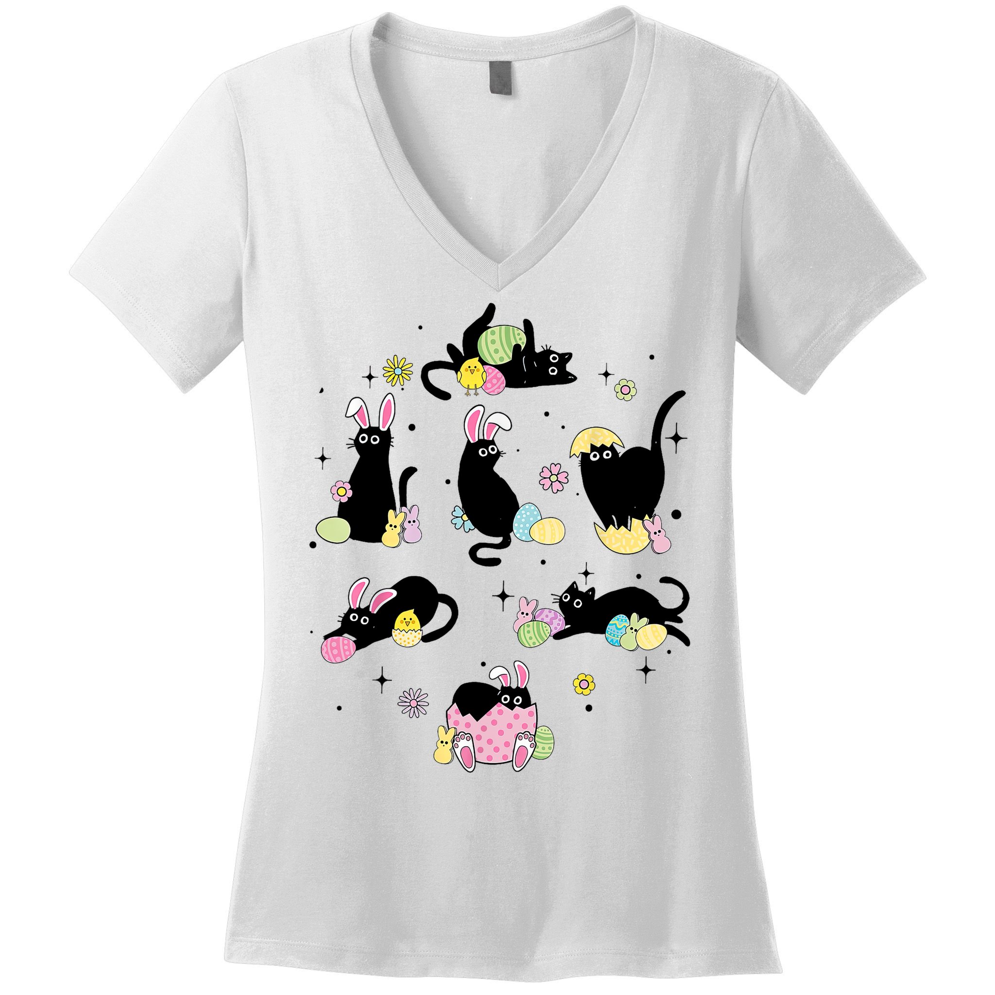 Black Cat With Bunny Eggs Happy Easter Day Matching Women's V-Neck T-Shirt
