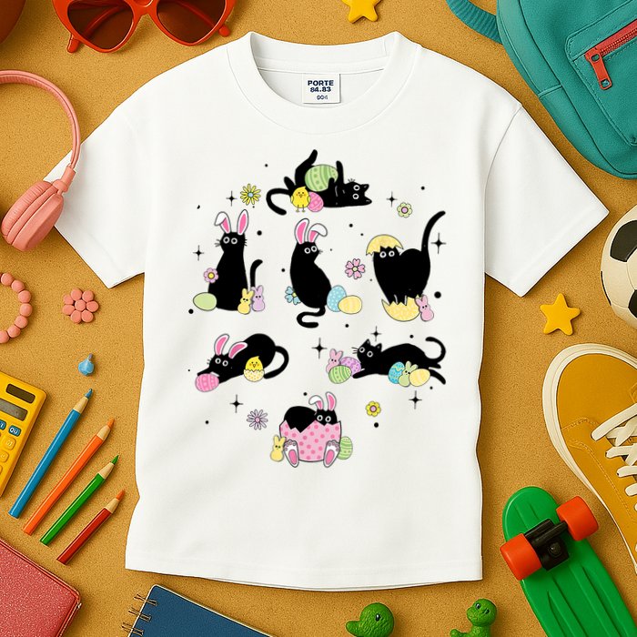 Black Cat With Bunny Eggs Happy Easter Day Matching Kids T-Shirt