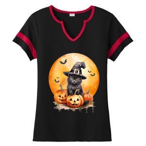 Black Cat Witch Hat Pumpkin Gift Ladies Halftime Notch Neck Tee