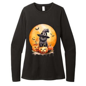 Black Cat Witch Hat Pumpkin Gift Womens CVC Long Sleeve Shirt