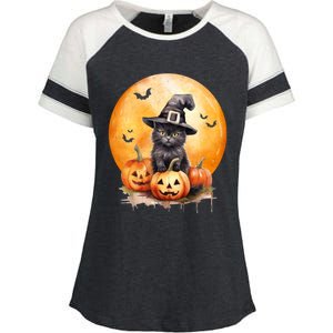 Black Cat Witch Hat Pumpkin Gift Enza Ladies Jersey Colorblock Tee