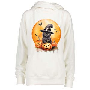 Black Cat Witch Hat Pumpkin Gift Womens Funnel Neck Pullover Hood