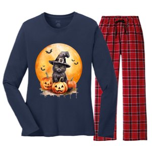 Black Cat Witch Hat Pumpkin Gift Women's Long Sleeve Flannel Pajama Set 