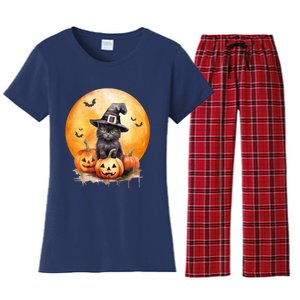 Black Cat Witch Hat Pumpkin Gift Women's Flannel Pajama Set