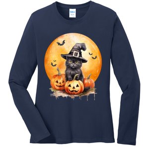 Black Cat Witch Hat Pumpkin Gift Ladies Long Sleeve Shirt