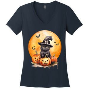 Black Cat Witch Hat Pumpkin Gift Women's V-Neck T-Shirt