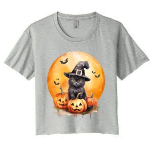 Black Cat Witch Hat Pumpkin Gift Women's Crop Top Tee