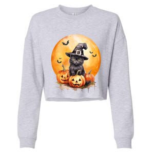 Black Cat Witch Hat Pumpkin Gift Cropped Pullover Crew