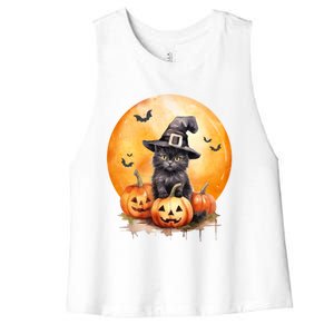 Black Cat Witch Hat Pumpkin Gift Women's Racerback Cropped Tank