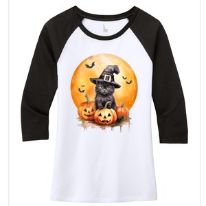 Black Cat Witch Hat Pumpkin Gift Women's Tri-Blend 3/4-Sleeve Raglan Shirt