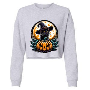 Black Cat Witch Hat Pumpkin For Halloween Cropped Pullover Crew